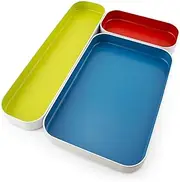 Three by Three Seattle 3 Piece Shallow Metal Organizer Tray Set for Storing Makeup, Stationery, Utensils, and More in Office Desk, Kitchen and Bathroom Drawers (1 Inch, Multicolor)