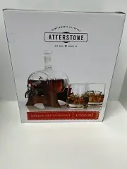 Whiskey Barrel Decanter Bar Set w/ Whiskey Stones & Drinking Glasses