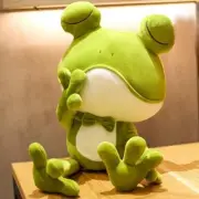 38-50CM Cute Sleeping Frog Plush Toy Throw Pillow Playful Green Bow Squinting