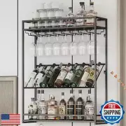 Woskar Wall Mounted Wine Rack 3 Tier, Metal Bar Liquor Shelves and Glass Hold