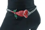 Women Silver Metal Chain Boot Bracelet Shoe Anklet Red Flower Popstar Look Charm