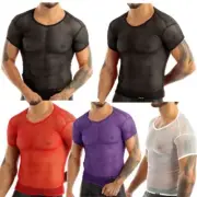 Men's Mesh T-Shirt See Through Fishnet Shirt V-Neck Gym Fitness Crop Top Vest AU