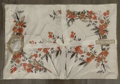 Vintage Linbro Pure Linen 8 Pc Placemat Set Hand Screen Printed 4 Mats/ 4 Napkin