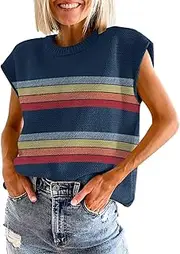 [GUNEST] Womens Summer Sweater Vest Cap Sleeve Crew Neck Casual Loose Fit Knit Lightweight Pullover Tank Top for Spring Summer