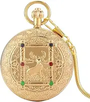 [LZQPEARL] Vintage Golden Pretty Elk Carved Automatic Mechanical Pocket Watch Double Open Design High End Dial Gold Pendant Necklace Women Antique Gifts