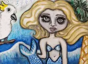 TROPICAL MERMAID and COCKATOO 11x14 Art PRINT Signed by Artist KSams Fantasy