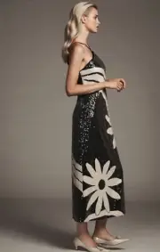 Farm Rio Anthropologie Midi Dress Alter Sequin Black Preppy Holiday Retro Sz XXS