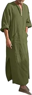 [Generic] Summer Mens Cotton Linen Robe V Neck Long Sleeve Muslim Gown Casual Loose Fit Breathable Side Split Home Beach Shirt, A#green, Medium, A#green, Medium