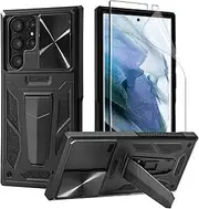 CASESTAR Military Armor Series Case for Samsung Galaxy S22 Ultra 2022，Build-in Kickstand & Camera Protection Sliding Cover with Screen Protector [Support Fingerprint & S Pen] - (Metallic Black)