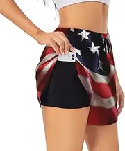 [WURTON] American Flag Print Exercise Gym Workout Shorts Women's Athletic Shorts Dual-Layered Yoga Running Shorts