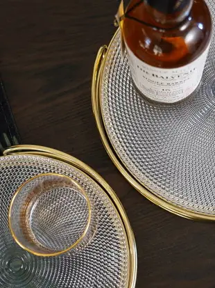 現代輕奢金色黃銅邊框玻璃圓形托盤茶盤家居裝飾水杯收納盤擺件