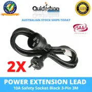 2 X Power Extension Lead 10A Safety Socket Aust Approved Cord Black 3-Pin 3M