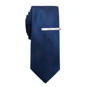 2pc Jeff Banks Men's Plain Navy Stylish Modern Formal Tie & Tie Bar/Clasp Set