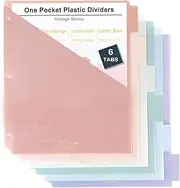 6-Tab Binder Dividers with Pockets, Binder Dividers with Tabs for 3 Ring Binder Letter Size, Durable Plastic Separators for Student School Home Office Document Organizer, Vintage Colors (Pink, 1 Set)