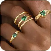 [Kyerlyn] Stackable Gold Rings for Women Non Tarnish Emerald Chunky 14K Gold Plated Stacking Cubic Zirconia Ring Set Trendy Statement Promise Wedding Bands Engagementfor Gifts Jewelry Size 6 7 8 9 10
