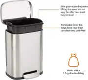 50Liter=13.2G Soft Close Smudge Resistant Trash Can Foot Pedal Brushed Stainless