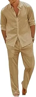 [HanzhuoLG] Men's Casual Tracksuit Set Solid Color Loose Lapel Long Sleeve Cardigan Shirts & Pants Two Piece Set Medium Khaki