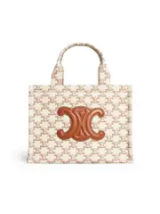 Celine Small Cabas Thais in Textile with Triomphe Canvas Print and Calfskin White