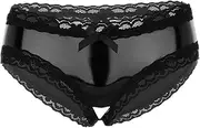 [FEESHOW] Women Patent Leather Thong Lace G-String Panties Sexy Bikini Shorts Lingerie Underwear Hot Pants