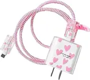 Cute Heart Charger Protective, Fast Charger Case for iPhone Fast Charger 18W/20W USB-C Power Adapter and Lightning Cable, Data Cable Protector-Pink