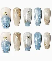 [Sun&Beam Nails] Handmade Press-on Medium Long Coffin Ballerina Blue White Gold Glitter Winter Christmas Design False Nail Tips 10 Pcs (#143 L)