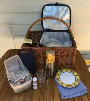Wicker Picnic Basket Complete 4-Person UK Vintage China Plates Bistro Glasses