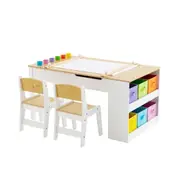 Costway 2-in-1 Art Table & Chairs Set Play Activity Drawing Desk w/Liftable Tabletop Storage Box Playroom Classroom Natural