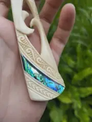 Hei Toki Koru Maori Pendant Large Hand Carved Bone Abalone Eyes New Zealand