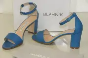 $745 New Manolo Blahnik Lauratopri 70 Blue Leather Chunky Heel Sandals 40.5
