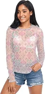 [ODAWA] Pastel Geometric Pink Long Sleeve Sheer Blouse Mesh Crop Tops for Women Girls