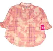 JUSTICE GIRLS NEW SZ XL 16/18 DBL WEAVE PLAID BUTTON UP TOP 100% COT PEACH NWT