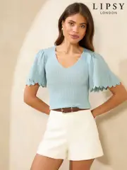 Lipsy Blue Knitted Sparkle Metallic V-Neck Flute Sleeve Top (AU2537) | $83