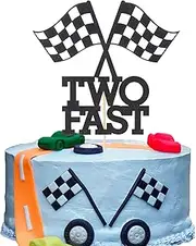 Two Fast Birthday Cake Topper - Race Car Theme 2nd Birthday Party Decoration, Second Birthday Flag Sign Supplies