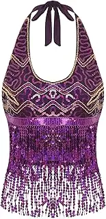 [Rswnyirn] Sparkly Fringe Tops for Women Sleeveless Halter Neck Tassel Sequin Cami Tank Top Party Shirt Outfit