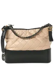 Chanel Beige Black Leather Aged Quilted Small Gabrielle Hobo (Authentic Pre- Loved)