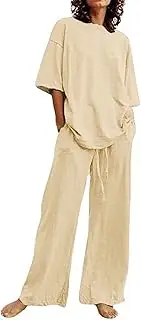 [fartey] 2 Piece Sets for Women Dressy Casual Summer Linen Set Two Piece Beach Travel Outfits Short Sleeve Top Wide Leg Pants