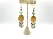VTG Gold Brass Chandelier Earrings Jade Fringe Gemstone Beads NOS Saks $100