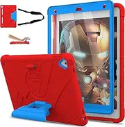 Andnary Case for iPad 9th/8th/7th Generation 10.2 inch, Shockproof Cover with 180° Rotating Handle/Screen Protector/Bracket/Pen Holder/Shoulder Strap, Kid Case for 2021/2020/2019, (Red+Blue)