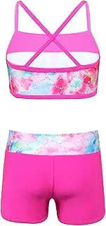 [Yhong] Girls Sparkle Gymnastics Tracksuit Sports Crop Top with Booty Shorts Swimwear 2 Pcs Set