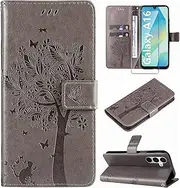 [Hancda] Phone Case for Samsung Galaxy A16 5G / A16 4G Leather Case with Tempered Glass Screen Protector Wallet with Card Holder Flowers Design Magnetic Case Flip Cover for Samsung A16 5G/4G,Gray