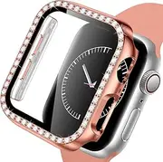 Glass+Case Compatible for Apple Watch 45mm 41mm 44mm 40mm 42mm 38mm Bling Diamond Setting Bumper with Built-in Tempered Screen Protector Protective Cover for iWatch Series 7 6 SE 5 4 3 2 1