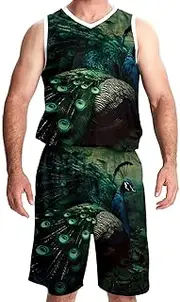[KQNZT] Basketball Jersey, Outfit Tank Top Track Shorts, Men's Basketball Jersey, Modern Art Peacock Feather Vintage