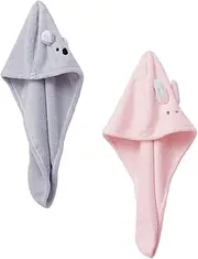 MERRYHAPY 2pcs Cartoon Animal Drying Hair Cap Fast Drying Coral Towel Wraps for Quick Absorption for Long Hair Lightweight Portable for Home Travel Use Grey
