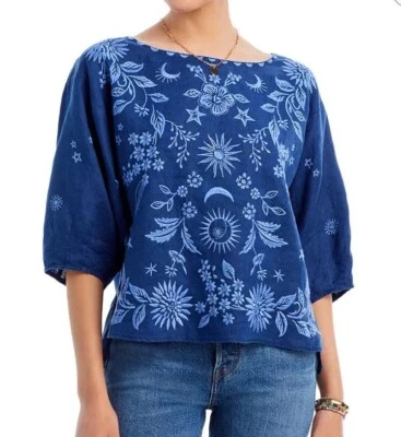 Johnny Was Oleander Embroidered Linen Kimono Sleeve Top Color: Navy Blue Size XL