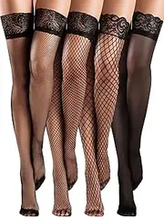 [Bencailor] 4 Pairs Fishnet Thigh High Stocking Silicone Lace Top Sheer Over Knee Stocking Silky Stockings for Women