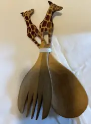 Vintage Hand Carved Giraffe Handle Salad Serving Set 8” Made in Kenya