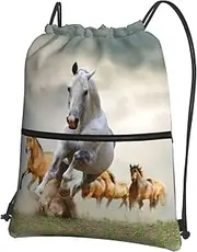 EdWal Wild Animal Horses Pattern Print Drawstring Backpack Gym Bags Sports Bags With Zipper Pocket For Travel Beach, Black, One Size