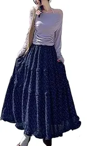 [Generic] Blue Floral Maxi Skirt for Women Tiered Maxi Skirt Summer Comfy Tiered Elastic High Waisted Skirts