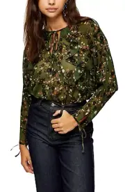 Brand New Women's Topshop Floral Ruffle Chiffon Blouse, Green Floral