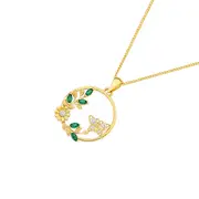 9ct Gold Created Emerald & Diamonds Circle Pendant in Green